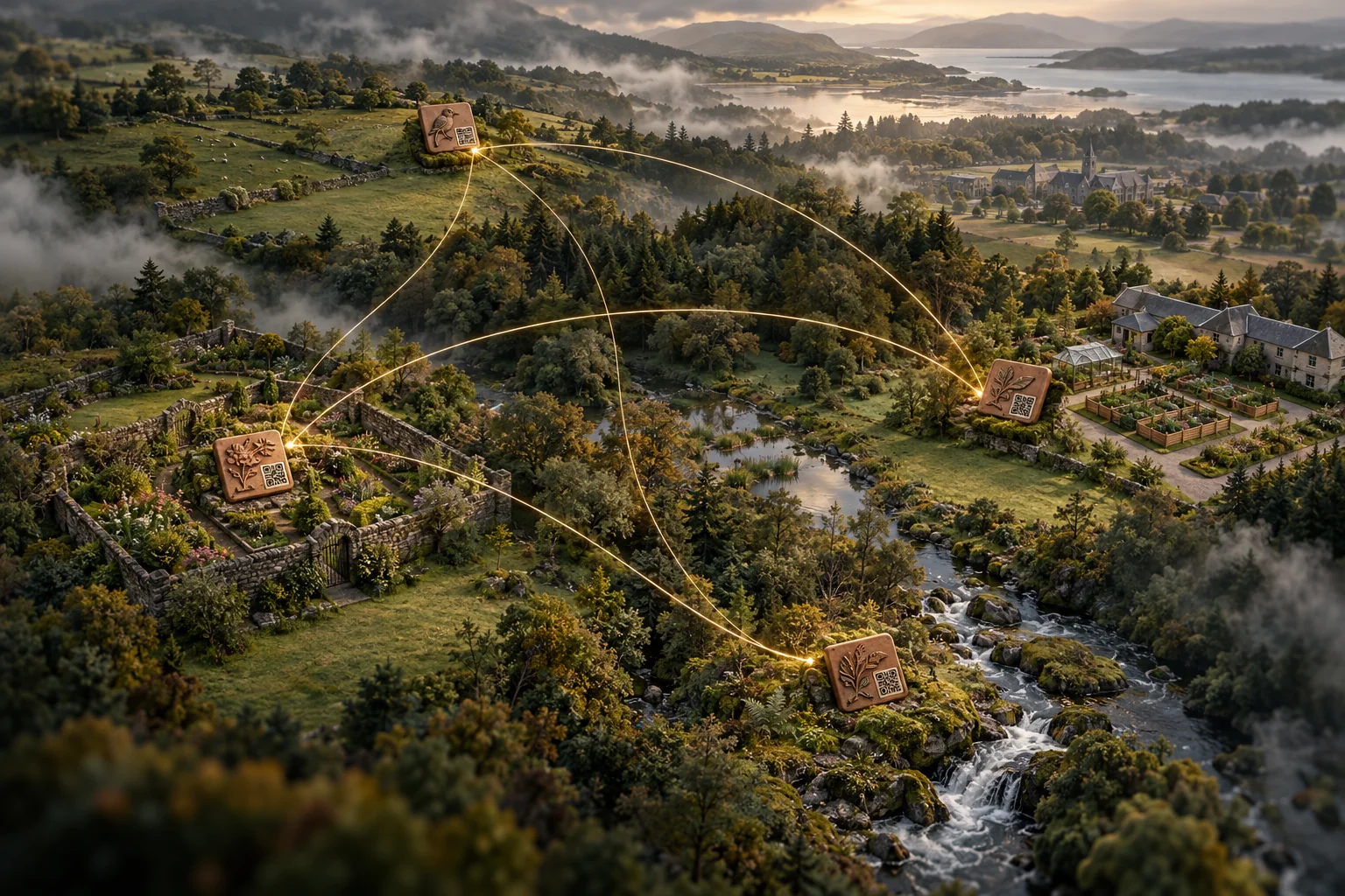 Concept illustration linking a garden, school and riverbank across a landscape; this is not a live map
