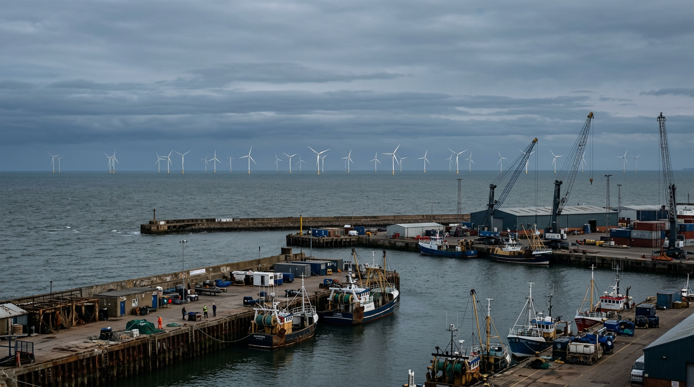 Coastal energy infrastructure with distant offshore wind turbines viewed from a working harbour