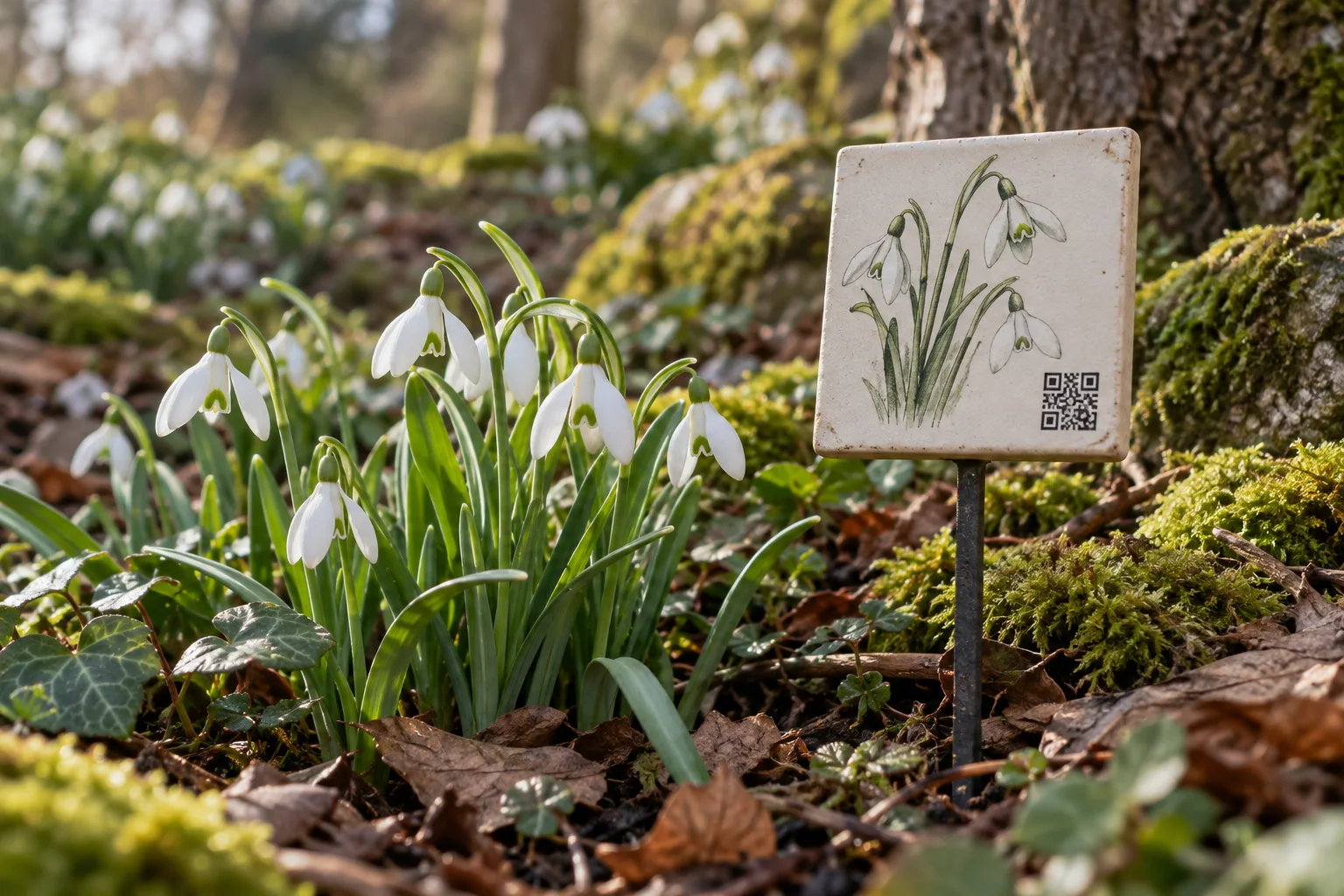 Illustration of a ceramic snowdrop tile beside white spring flowers in a woodland garden