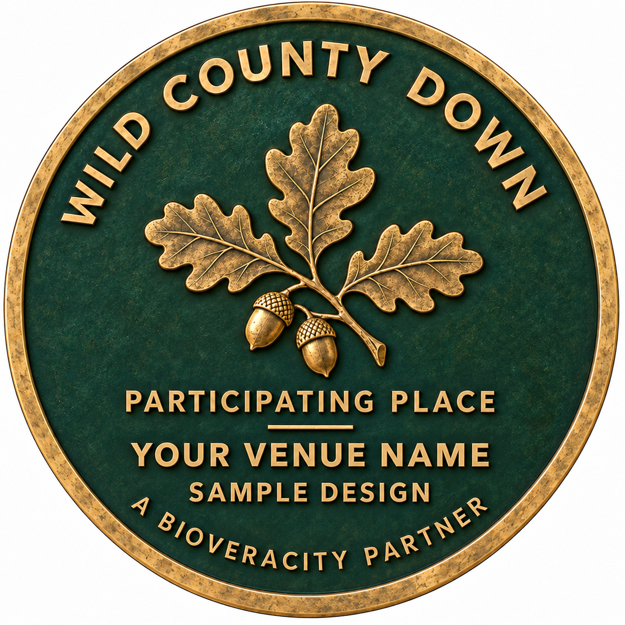 Sample personalised Wild County Down plaque with oak leaves and green and gold lettering